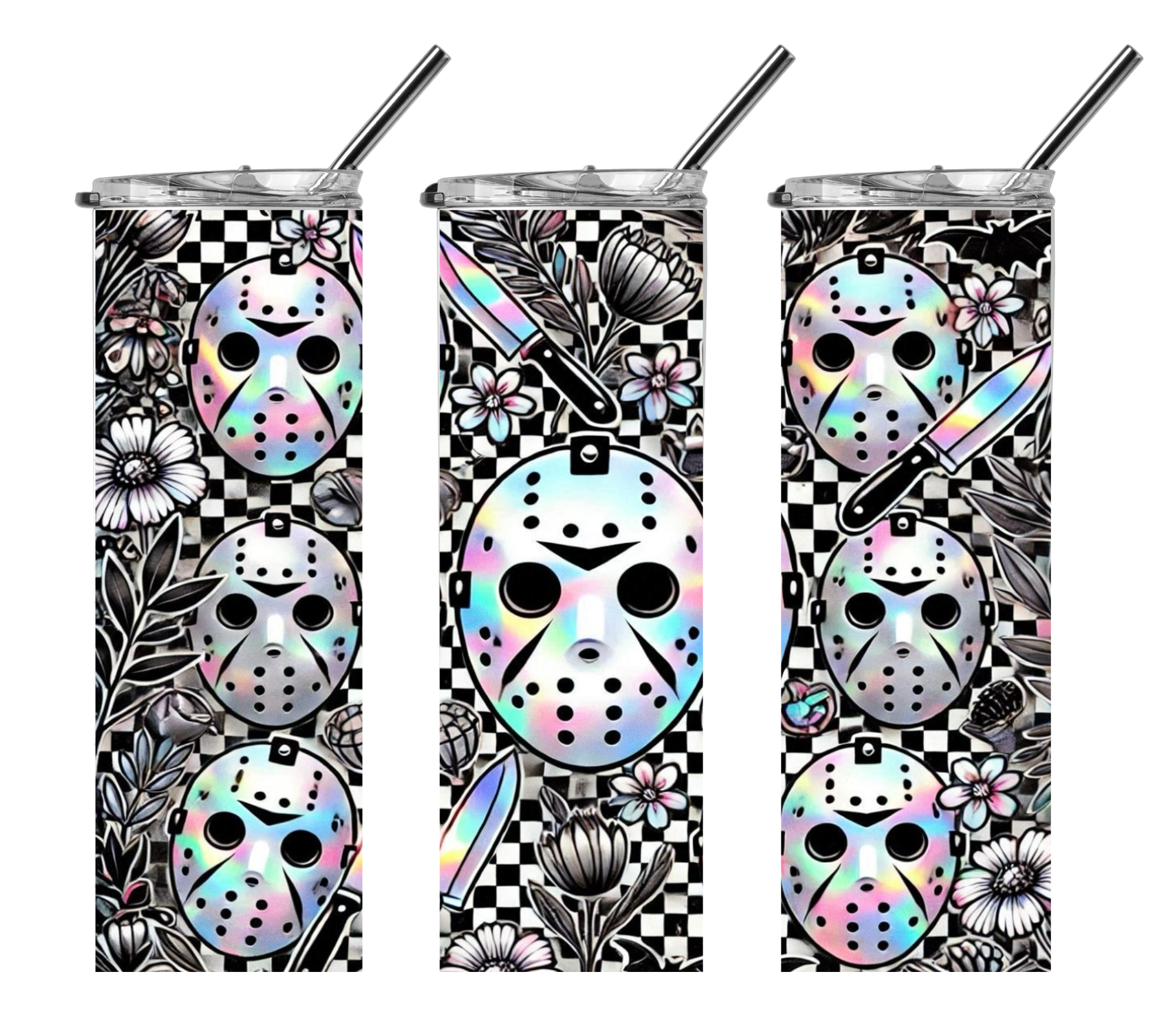 Holographic Jason Floral Horror Tumbler – 20 oz Skinny Stainless With Straw