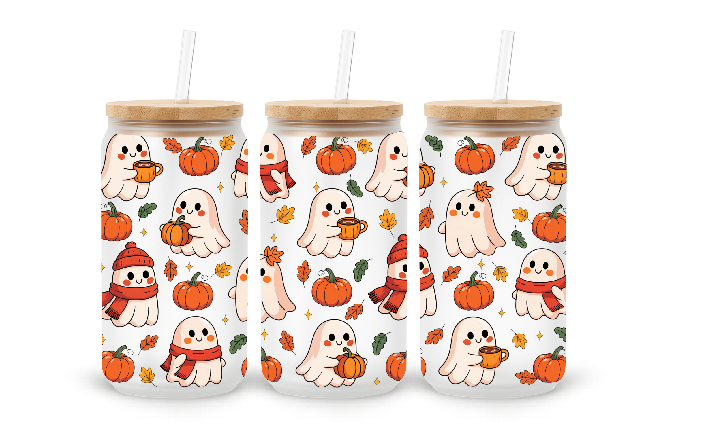 Cute Ghost Pumpkin Frosted Glass Cup – 16 oz with Bamboo Lid & Straw