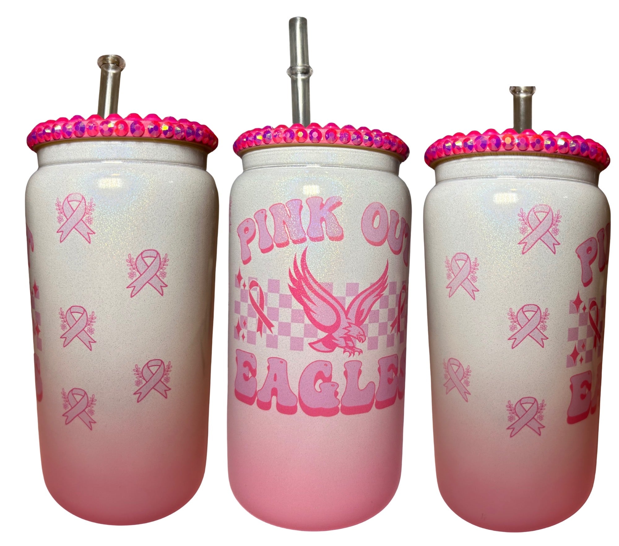 💖 Pink Out Eagles 16oz Glass Tumbler – Breast Cancer Awareness ✨