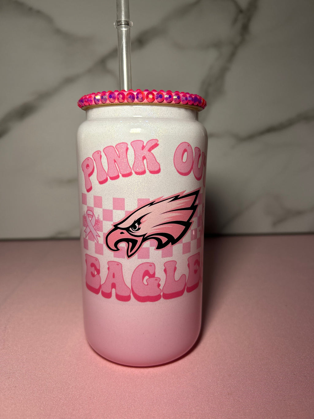Pink Eagles Rhinestone Lid Glass Can - Breast cancer Awareness Edition