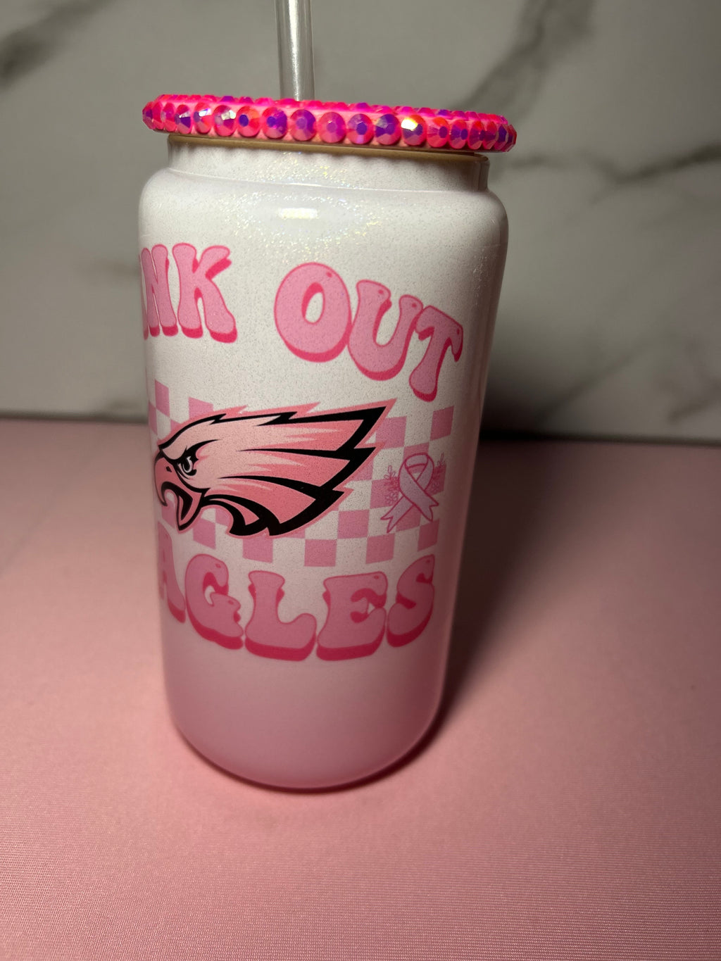 Pink Eagles Rhinestone Lid Glass Can - Breast cancer Awareness Edition