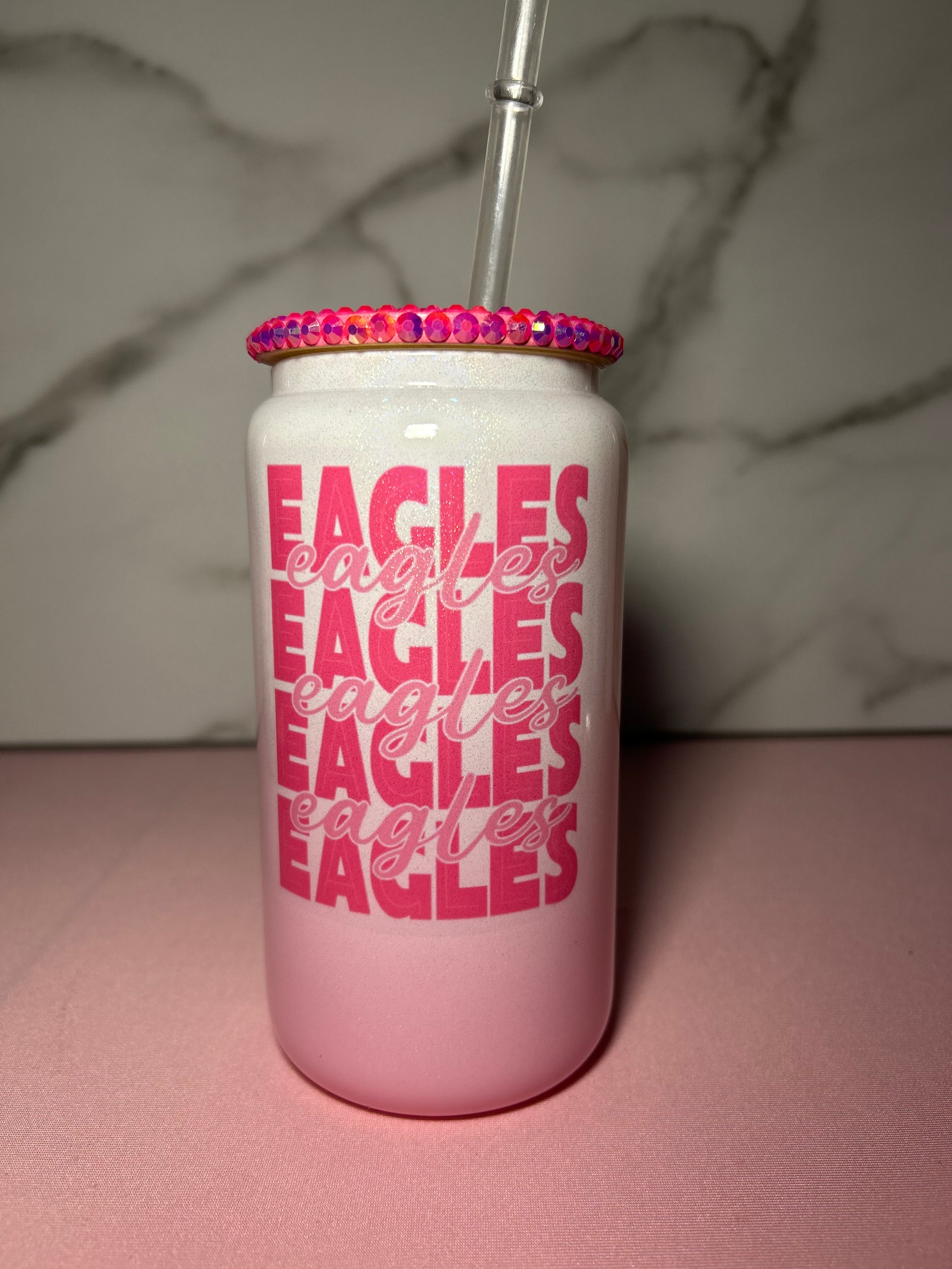 Pink Eagles Rhinestone Lid Glass Can - Breast cancer Awareness Edition