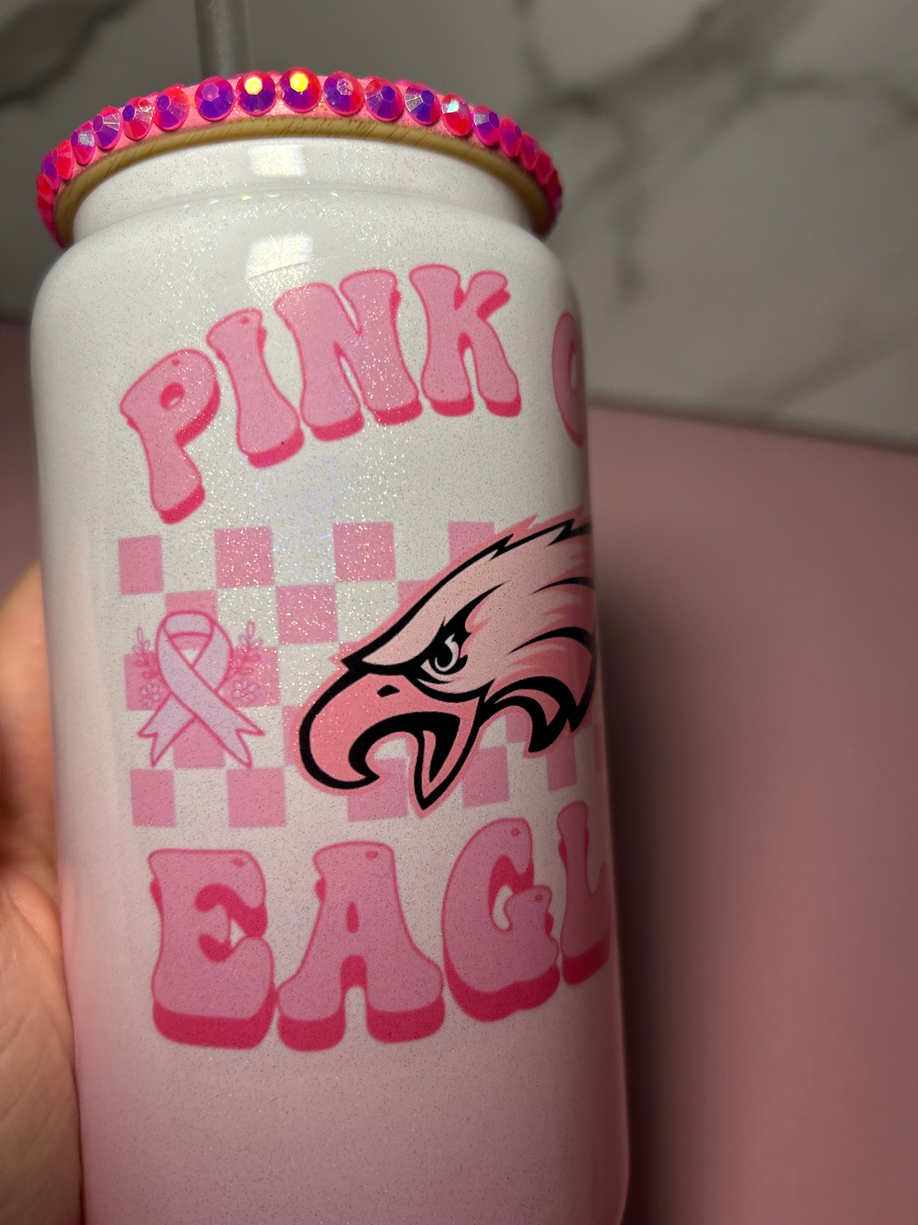 Pink Eagles Rhinestone Lid Glass Can - Breast cancer Awareness Edition