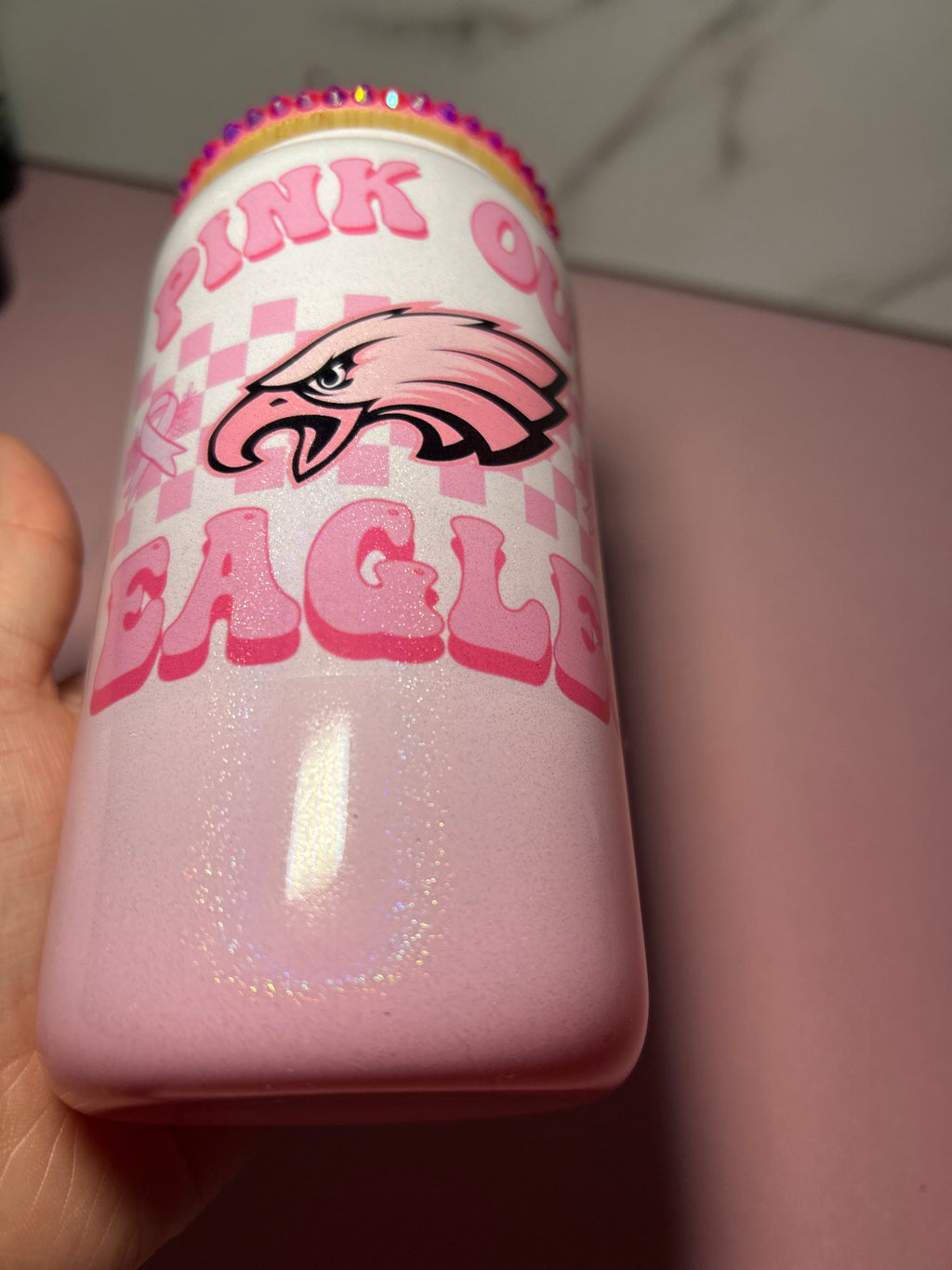 Pink Eagles Rhinestone Lid Glass Can - Breast cancer Awareness Edition