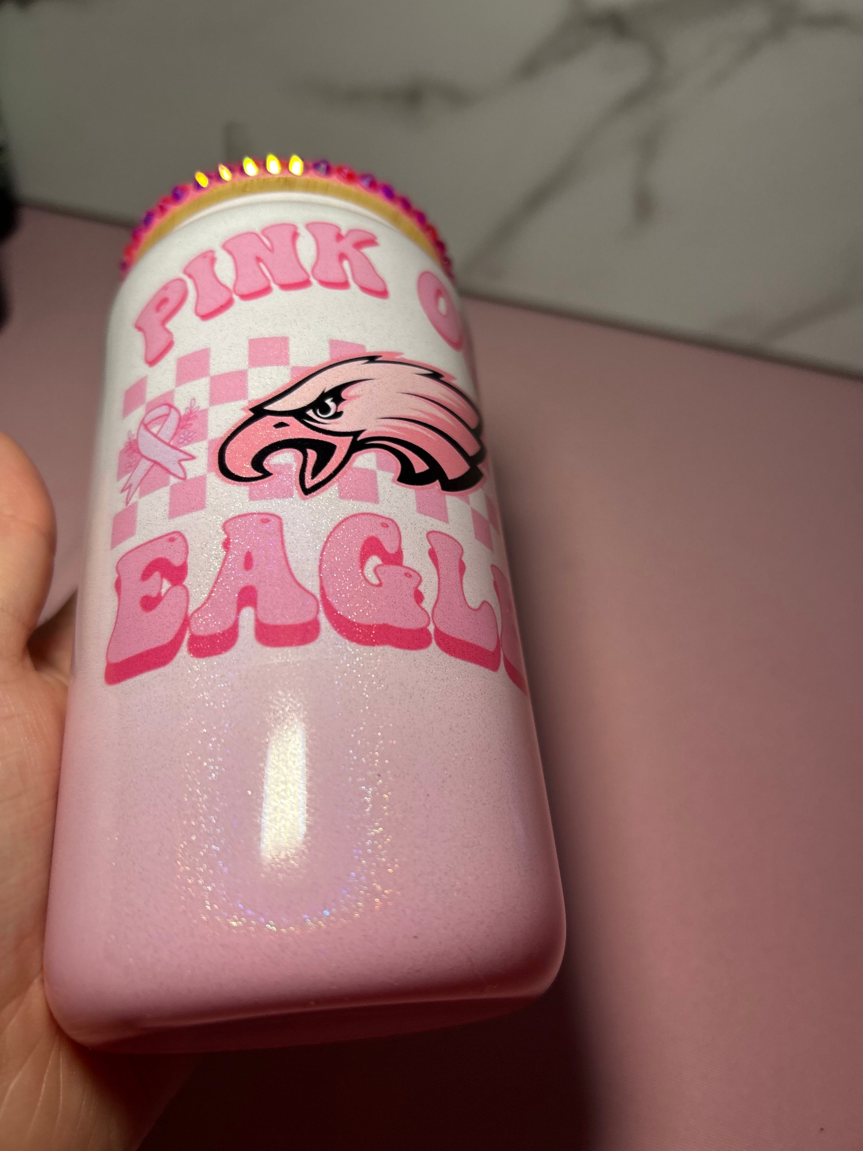 Pink Eagles Rhinestone Lid Glass Can - Breast cancer Awareness Edition
