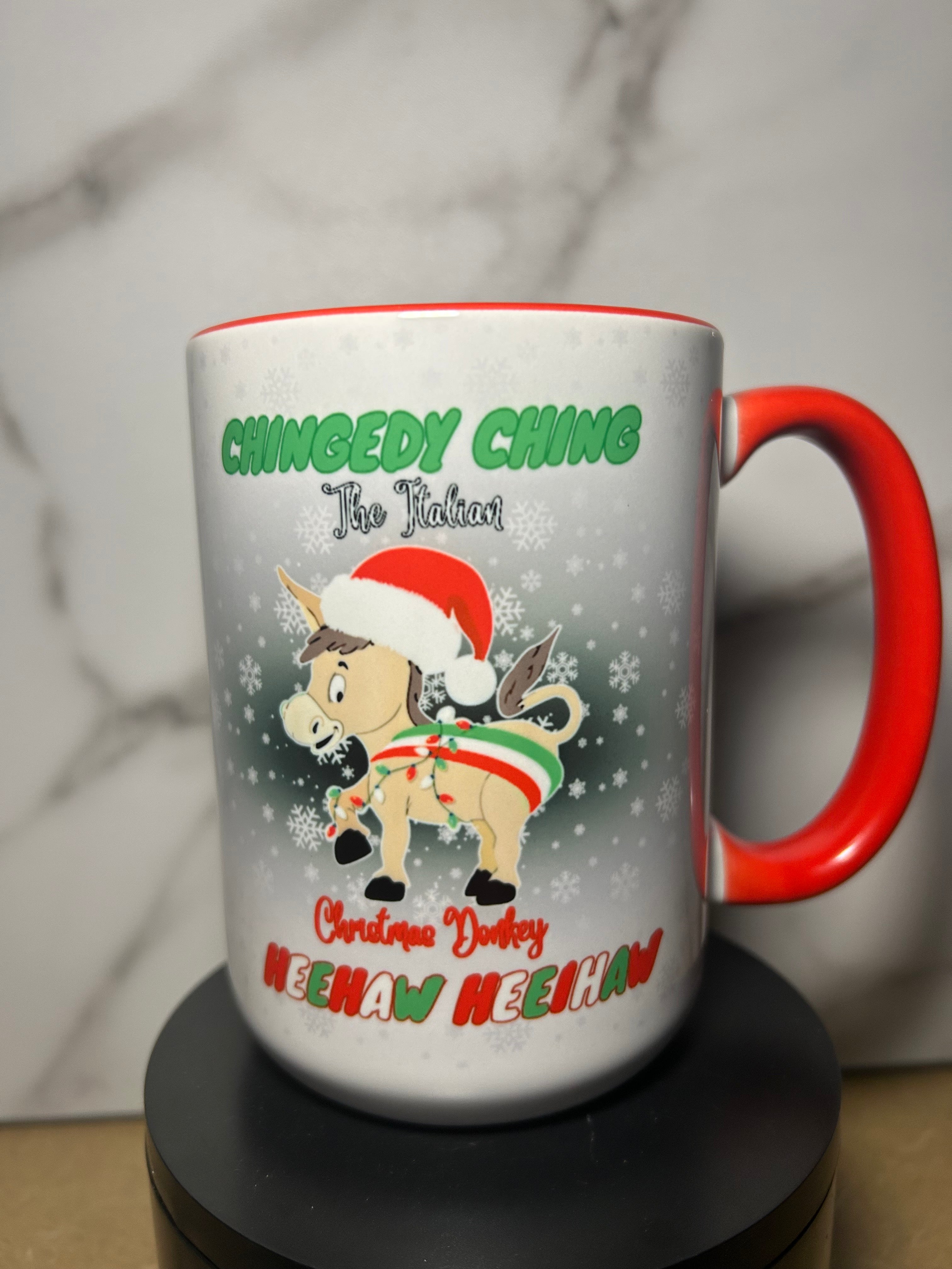 Dominic the Italian Christmas Donkey Mug 15 oz Red Handle